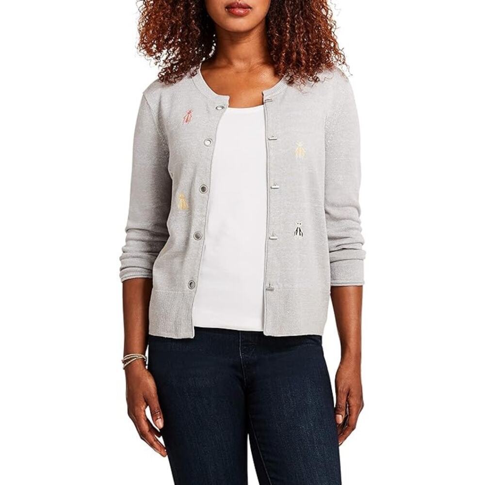 NIC + ZOE Busy Bee Embroidered Cardigan Grey Linen Blend M - Picture 5 of 14